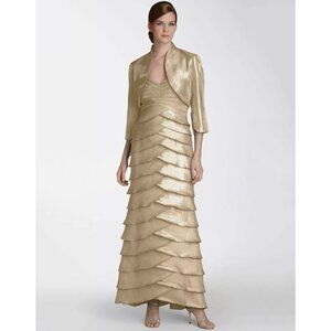 Adrianna Papell Champagne Formal Evening Shimmery Tiered Maxi Dress and Bolero